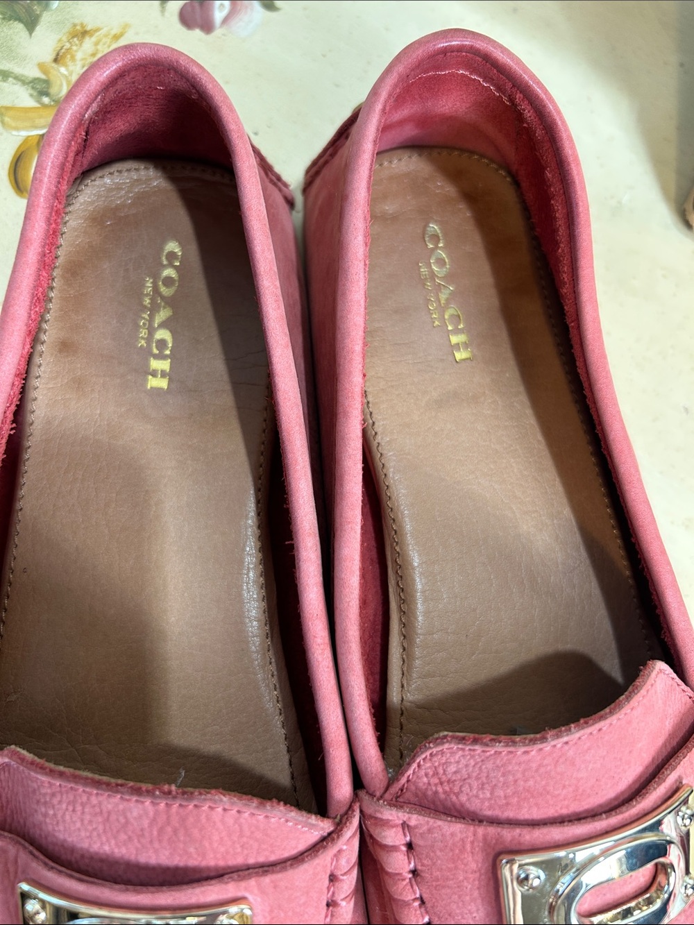 Coach Napoleon Salmon Pink Coral Suede Gold Buckle Driving Loafers - Picture 8 of 15